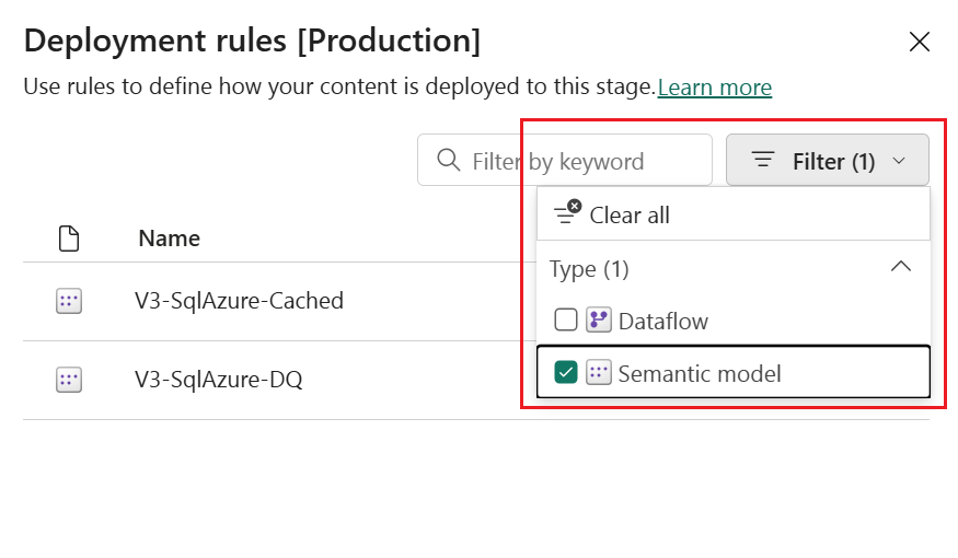 A screenshot of the deployment rules pane in the new UI, showing that you can set rules for dataflows gen1, datasets, datamarts, and paginated reports.