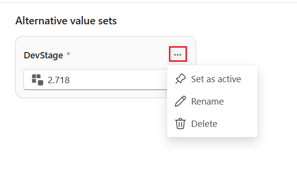 Screenshot of the edit value set options. There are three options, set as active, Rename, and Delete.