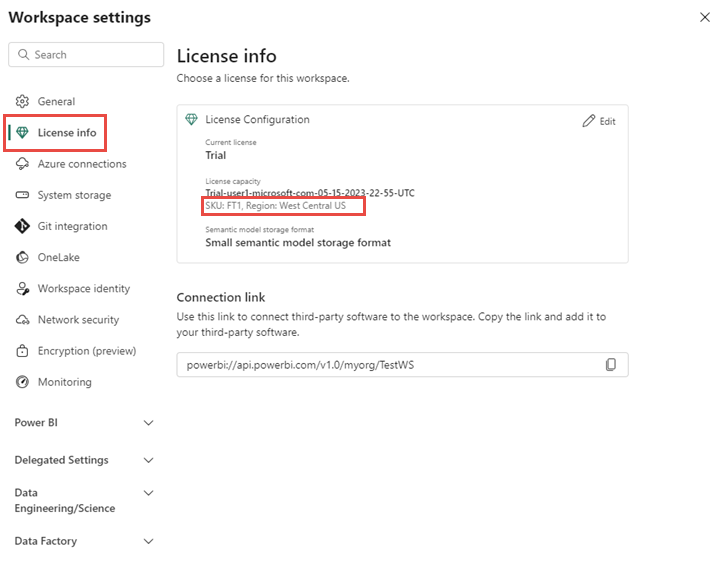 Screenshot showing how to get the capacity region for your workspace.