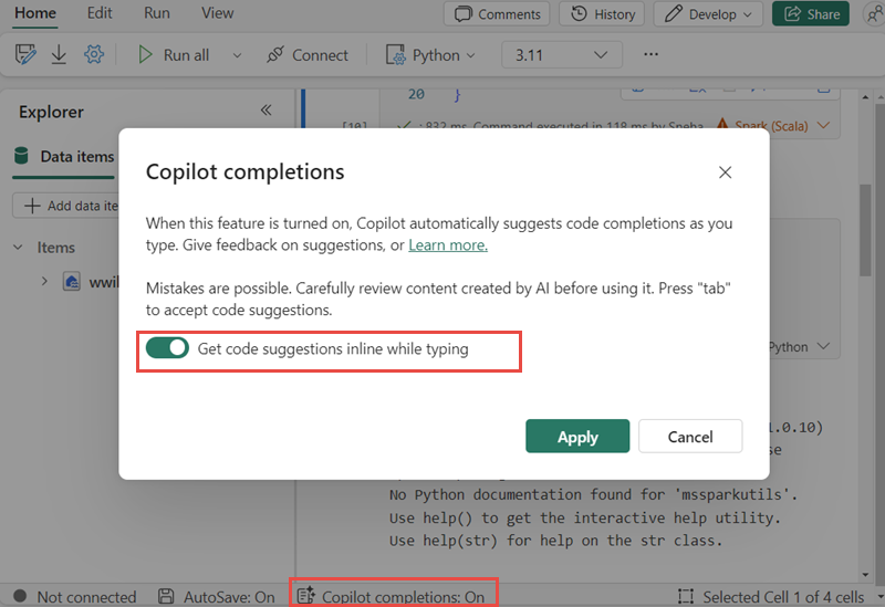 Screenshot showing how to enable Copilot code completions.