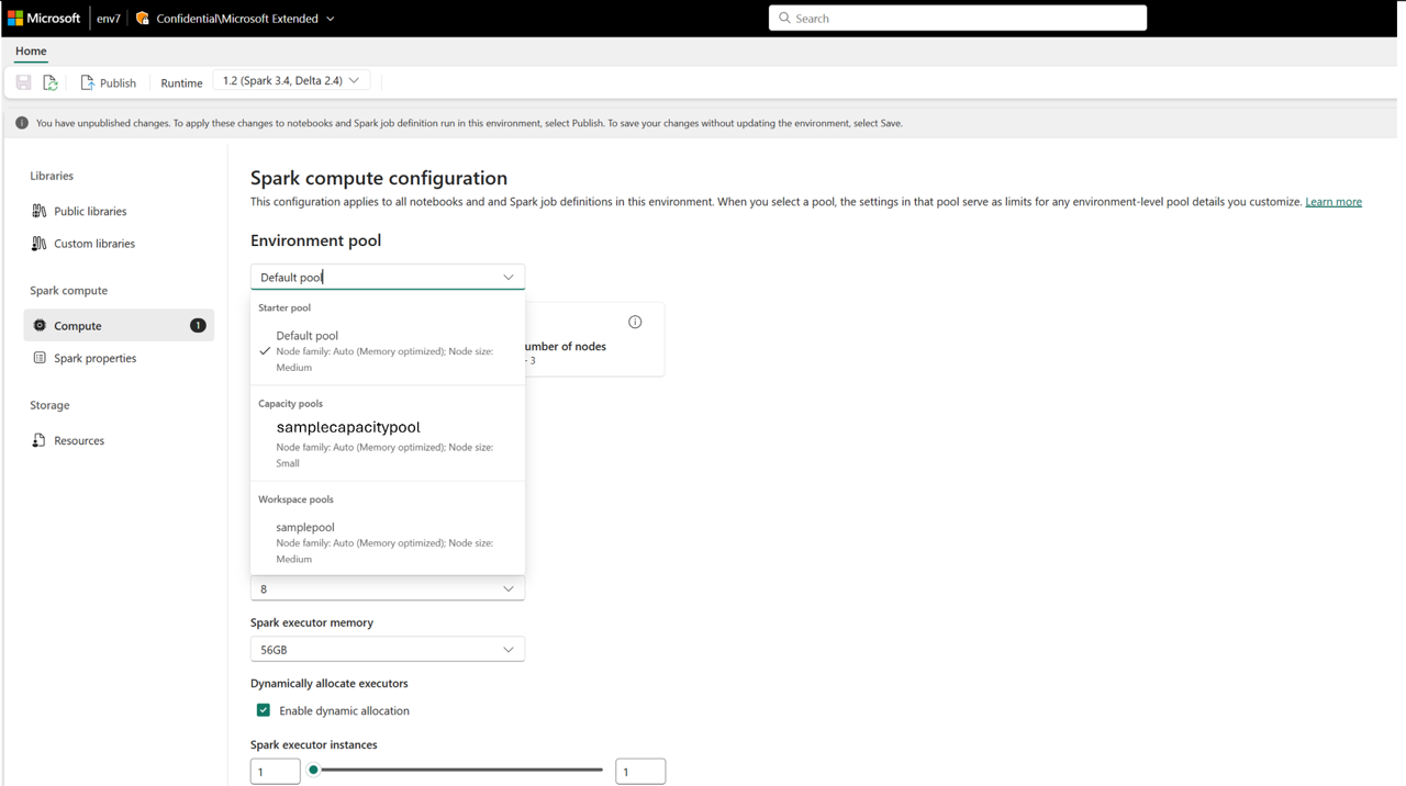 Screenshot showing the capacity pools listed in Environment settings.