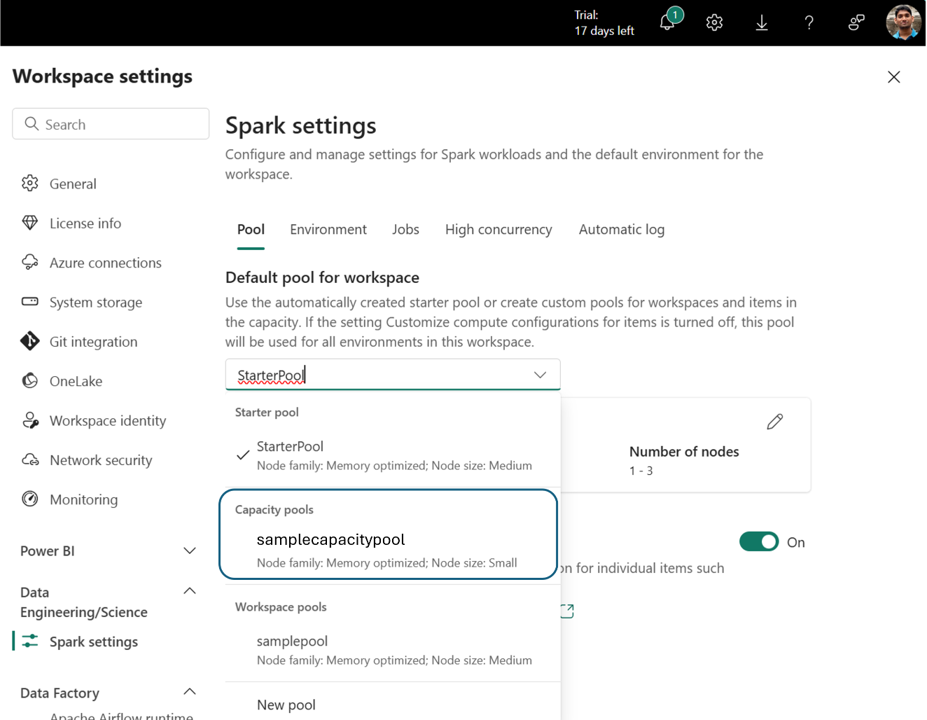 Screenshot showing the capacity pools listed in Workspace settings.