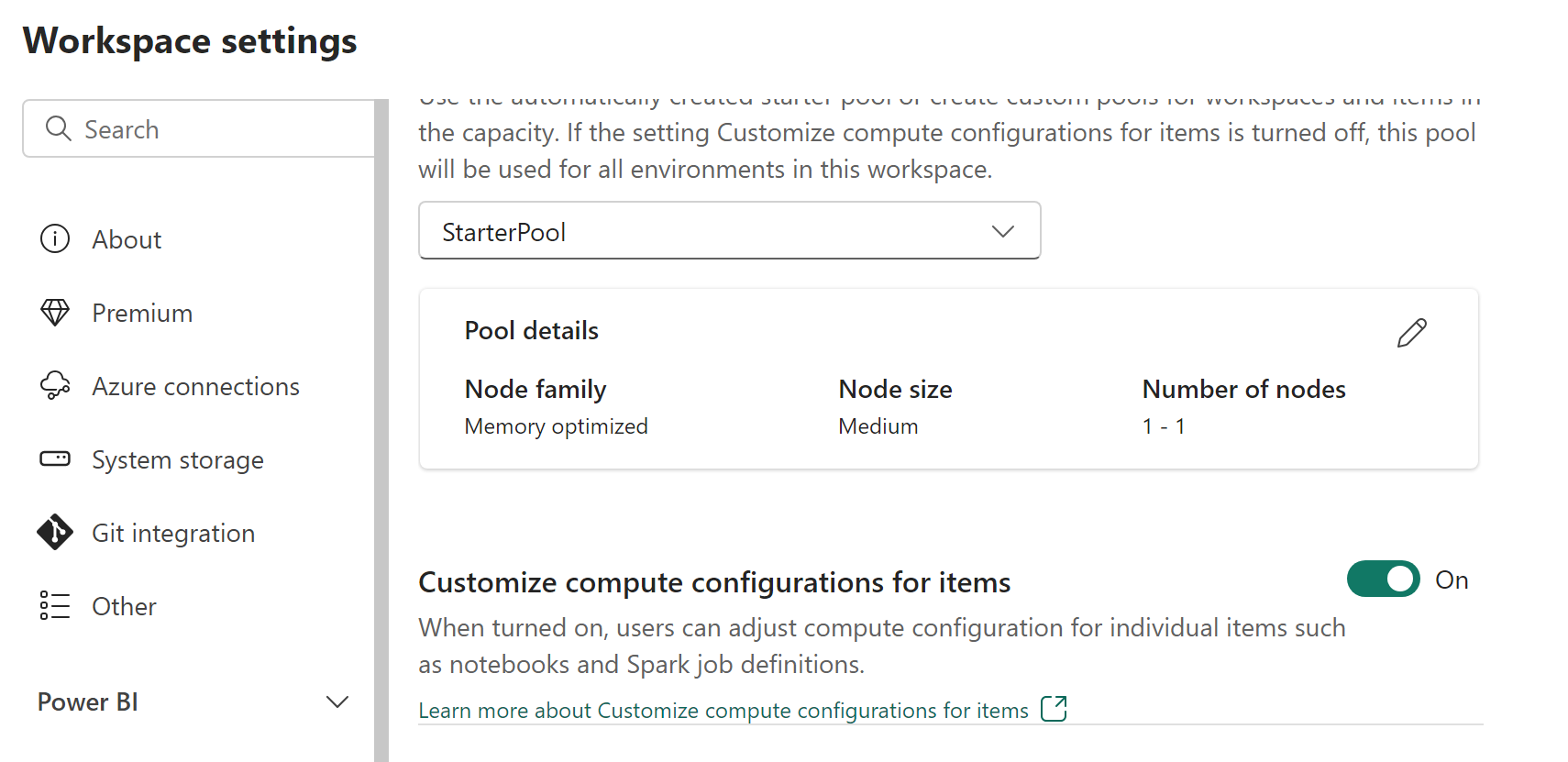 Screenshot that shows the item-level compute customization option in Workspace settings.