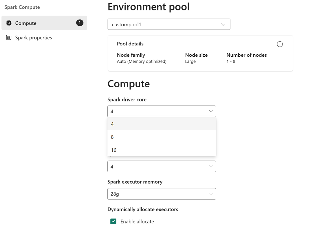 Screenshot that shows where to select the number of cores in the environment Compute section.