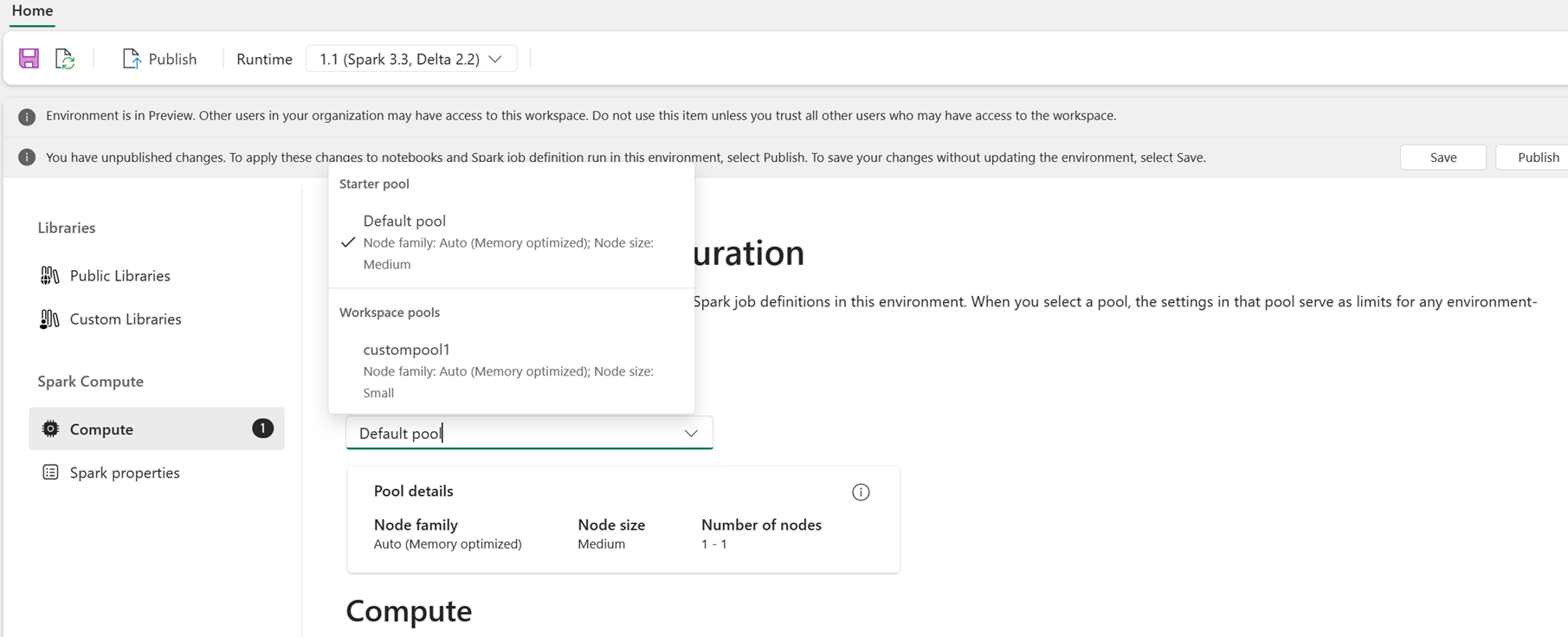 Screenshot that shows where to select pools in the environment Compute section.