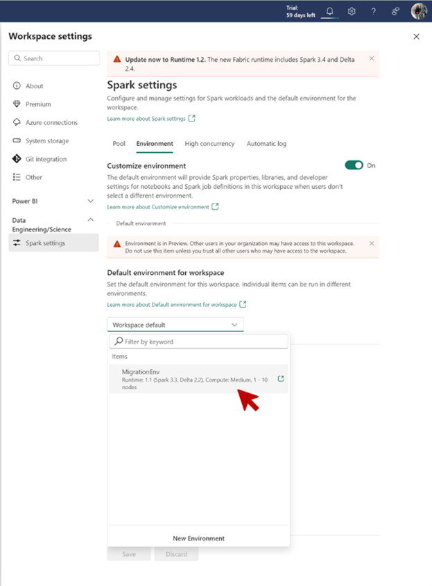 Screenshot that shows where to select an environment to attach it as the default environment.
