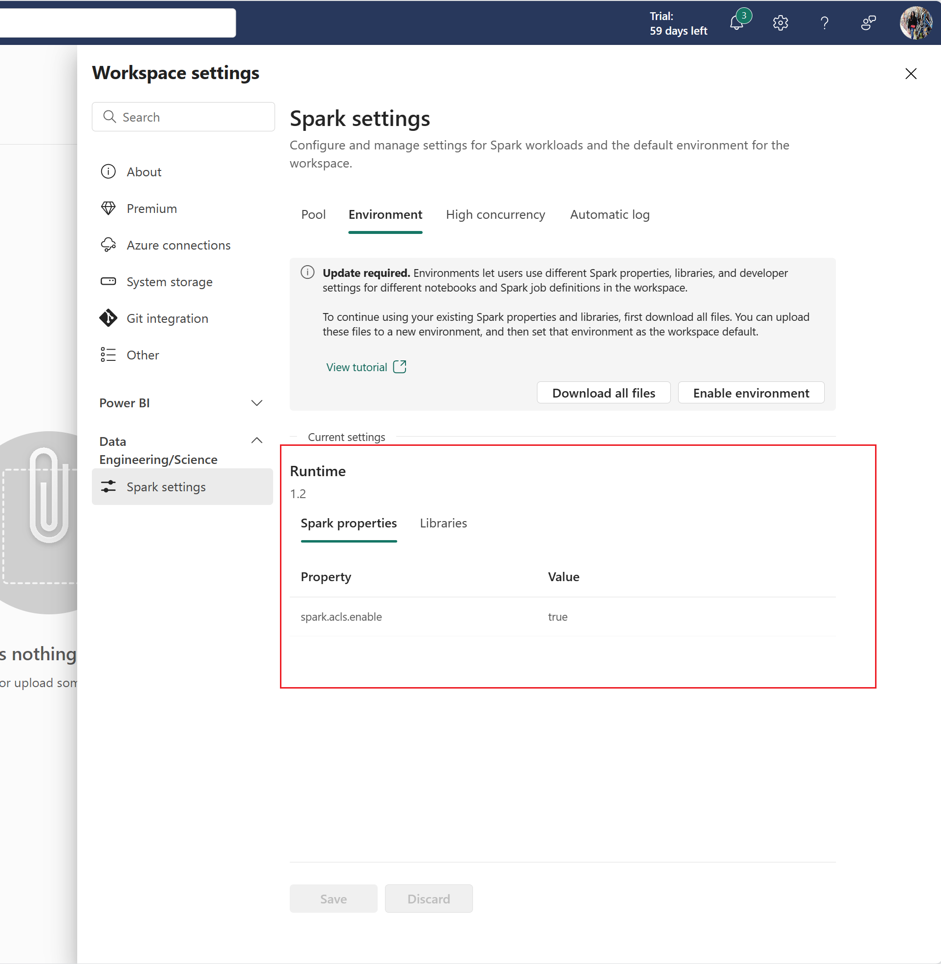 Screenshot that shows where to find your configuration settings under Current settings on the Environment tab.