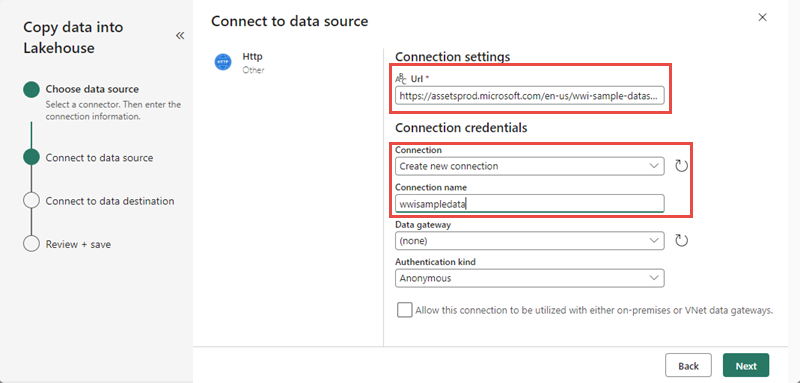 Screenshot showing the parameters to configure the Http connection.