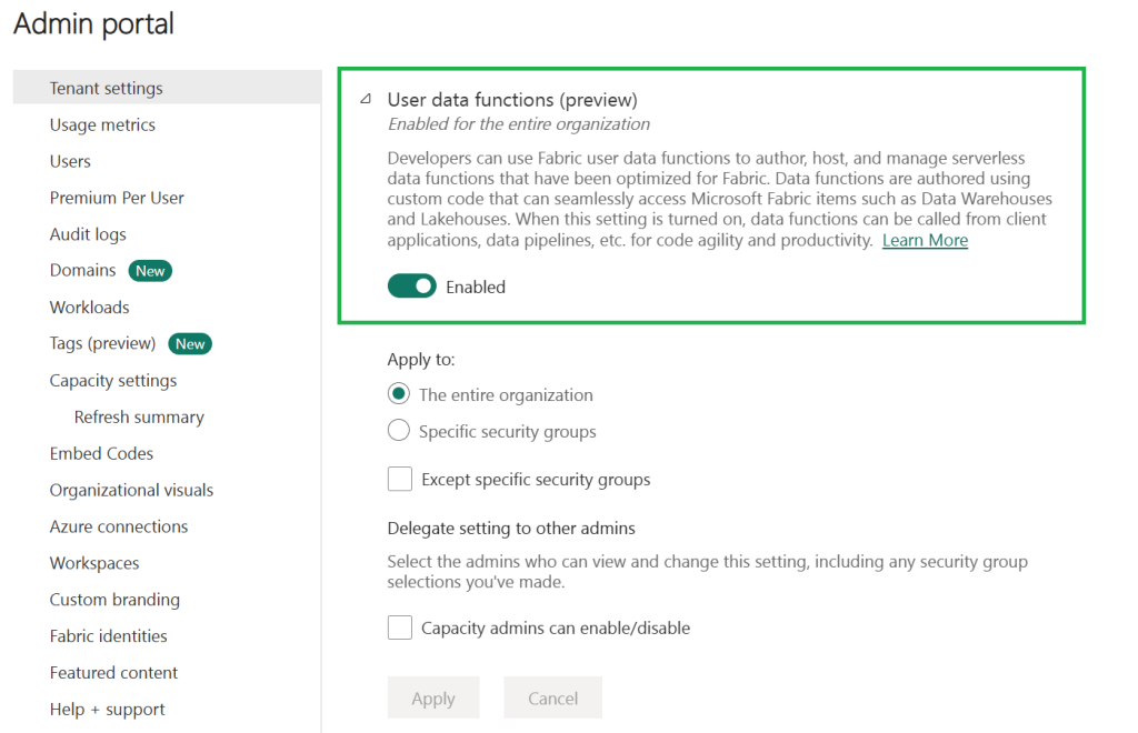 Screenshot of enabling user data functions in admin settings.