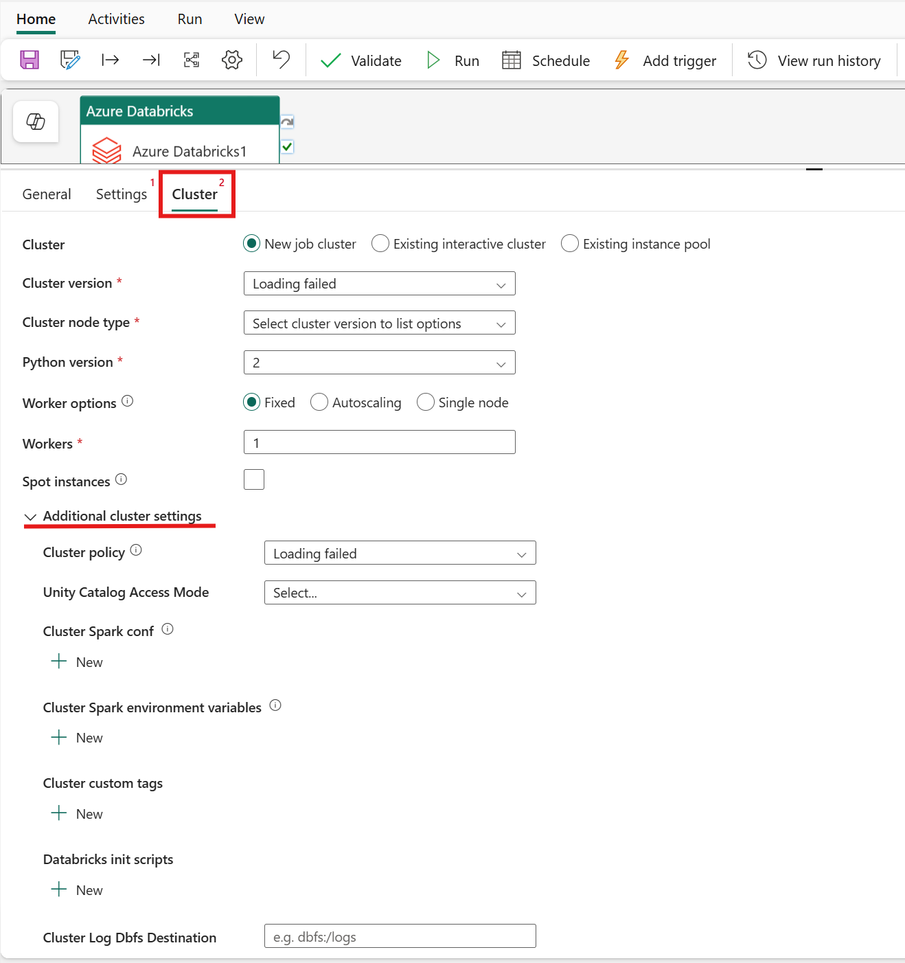 Screenshot showing the Cluster settings tab of the Azure Databricks activity.