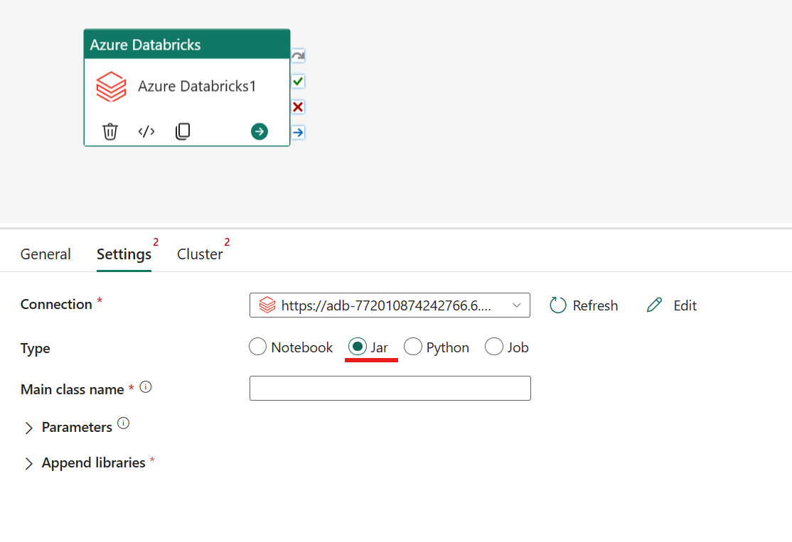 Screenshot showing the Jar type of the Azure Databricks activity.