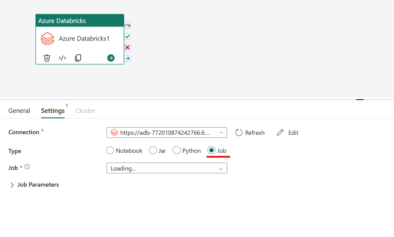 Screenshot showing the Job type of the Azure Databricks activity.