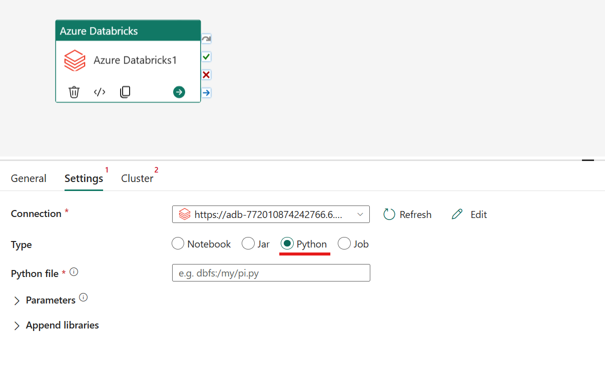 Screenshot showing the Python type of the Azure Databricks activity.