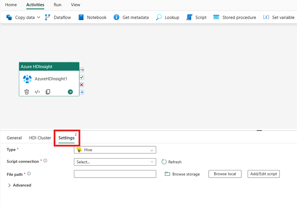 Screenshot showing the Settings tab of the Azure HDInsight activity properties in the pipeline editor window.
