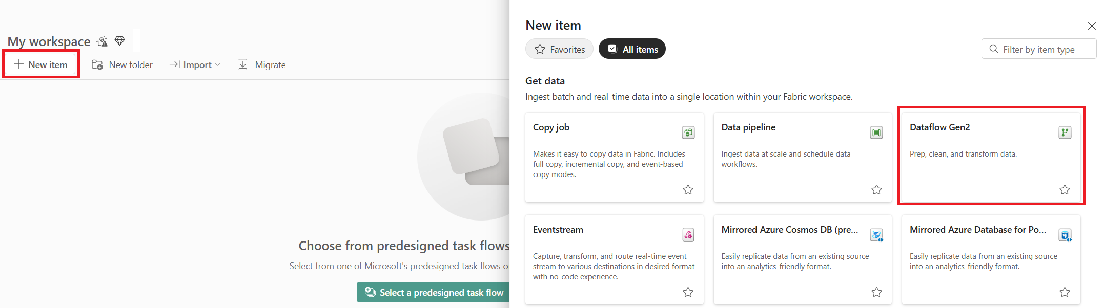 Screenshot with the Dataflow Gen2 selection emphasized.