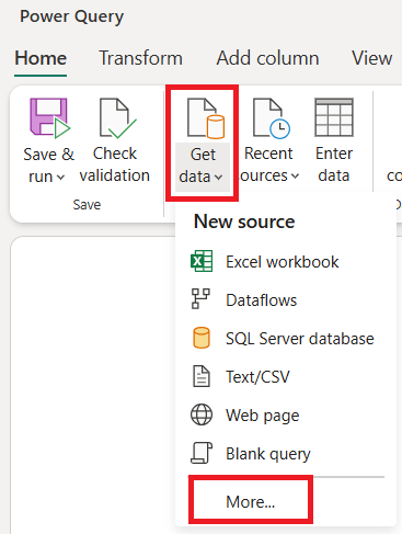 Screenshot with the Get Data option selected and More emphasized in the drop-down box.
