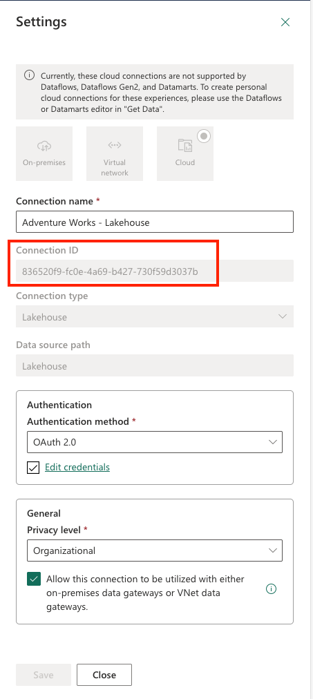 Screenshot of retrieving connection ID from the connection settings.