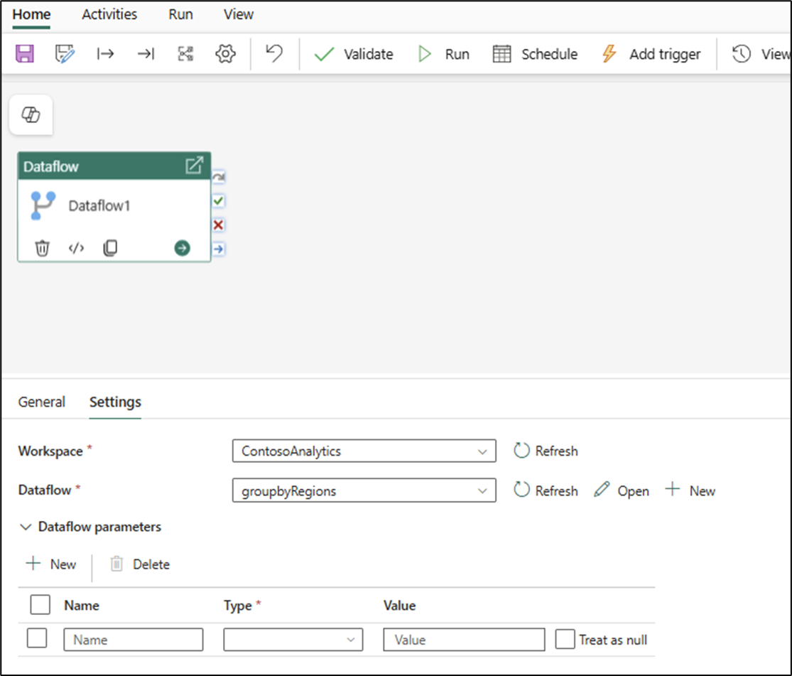Screenshot showing the Dataflow activity Settings tab, and highlighting the tab.