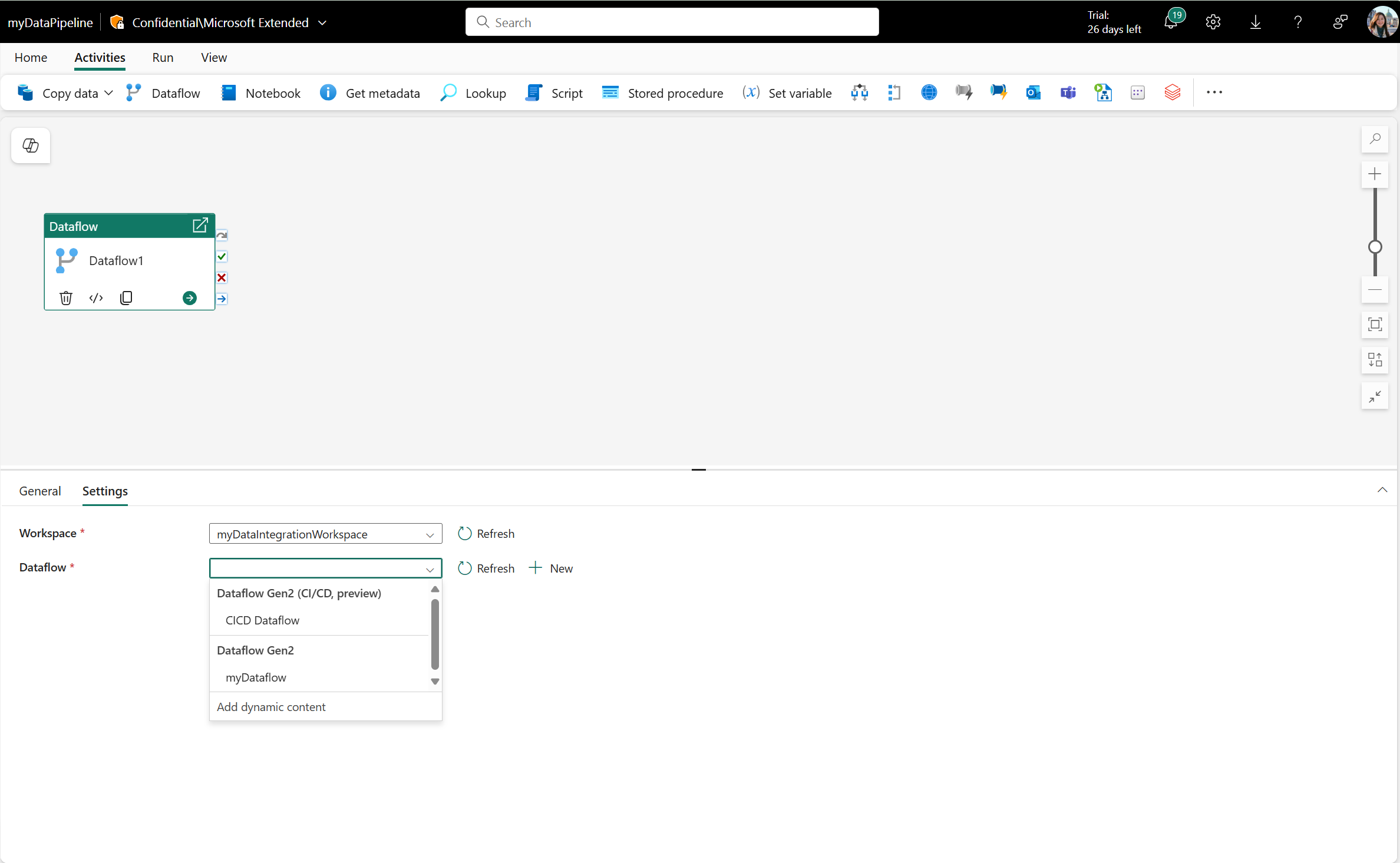 Screenshot showing the dropdown with a list of dataflows to select in the Dataflow activity Settings tab