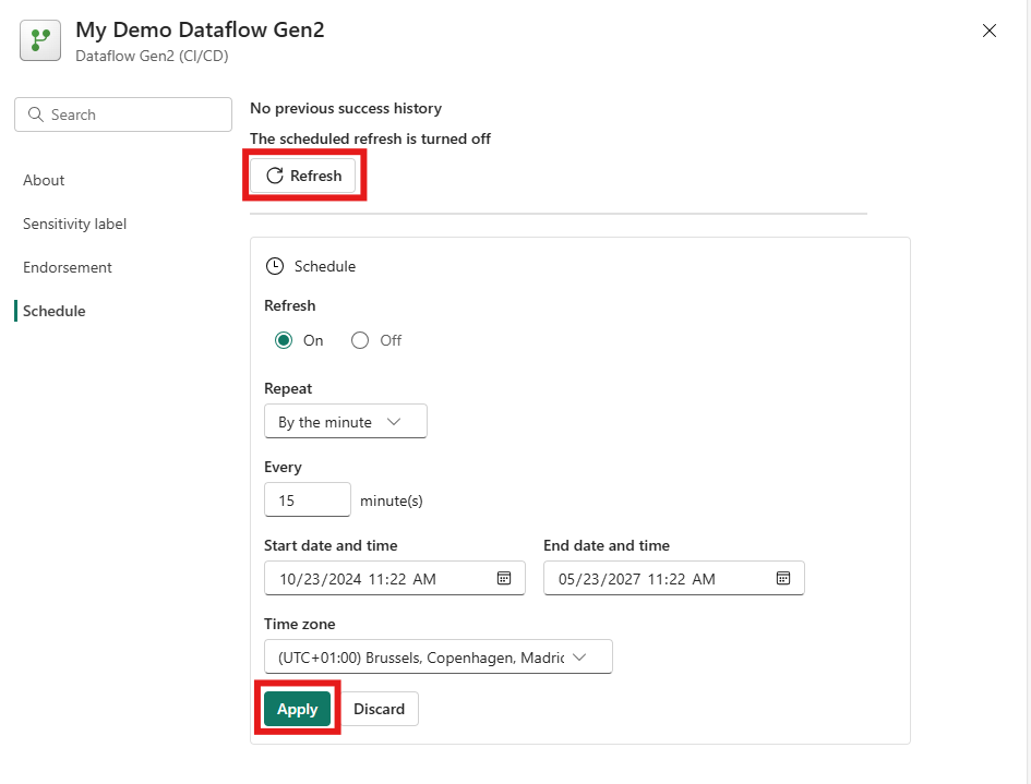 Screenshot of the dataflow's settings screen with the Schedule tab selected and the Refresh button emphasized.