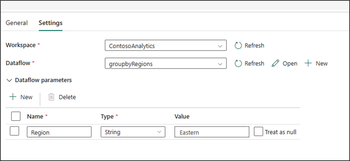 Screenshot of the dataflow activity within Fabric Data pipelines that allows to pass parameters for refresh.