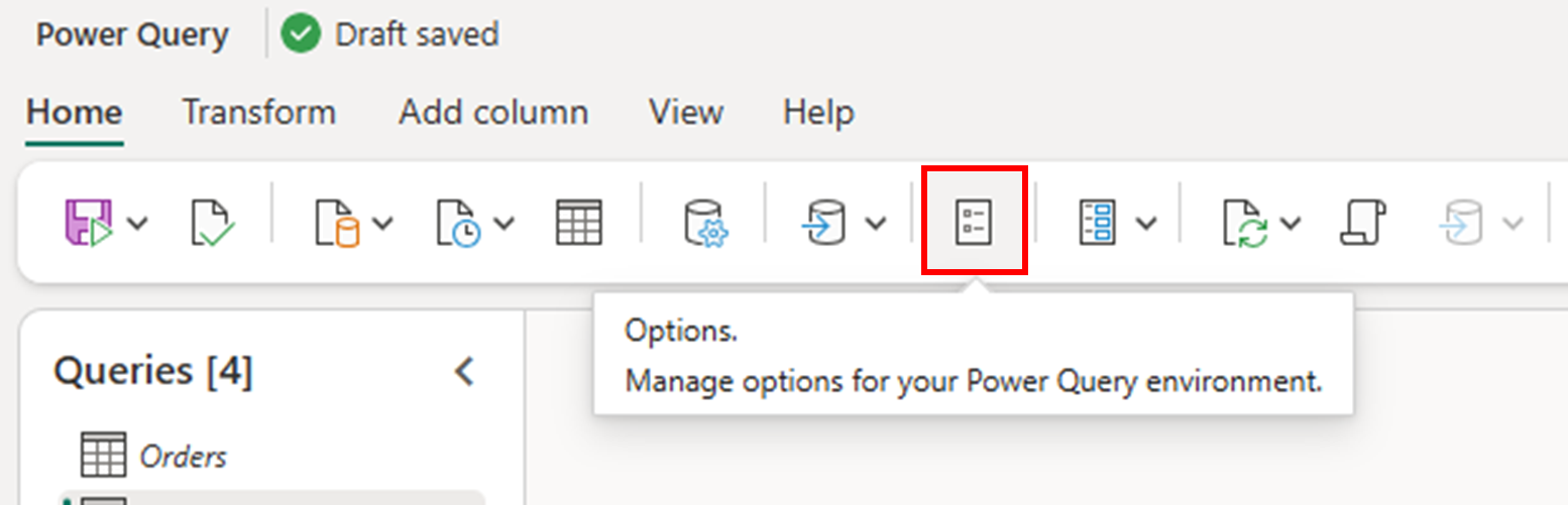 Screenshot of the Options button found within the Home tab of the ribbon for the Power Query Editor.