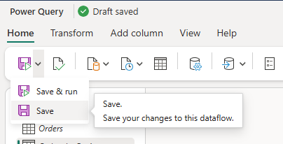 Screenshot of the options to save a dataflow within the home tab of the ribbon.