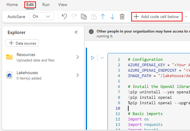 Screenshot showing where to add a new code cell below the current one in the Notebook editor.