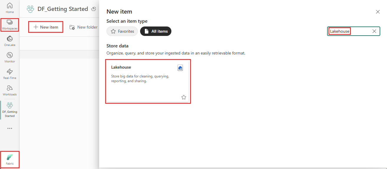 Screenshot showing where to create a new Lakehouse.