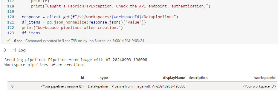 Screenshot showing the output of the notebook after the pipeline was created.