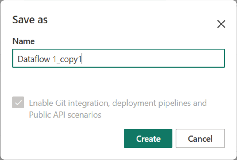 Screenshot of the save as option where you can enter the name of the dataflow.
