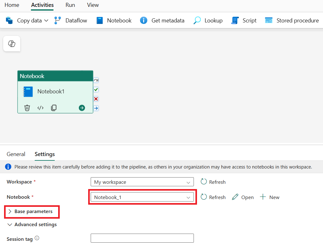 Screenshot showing the Notebook settings tab highlighting the tab, where to choose a notebook, and where to add parameters.