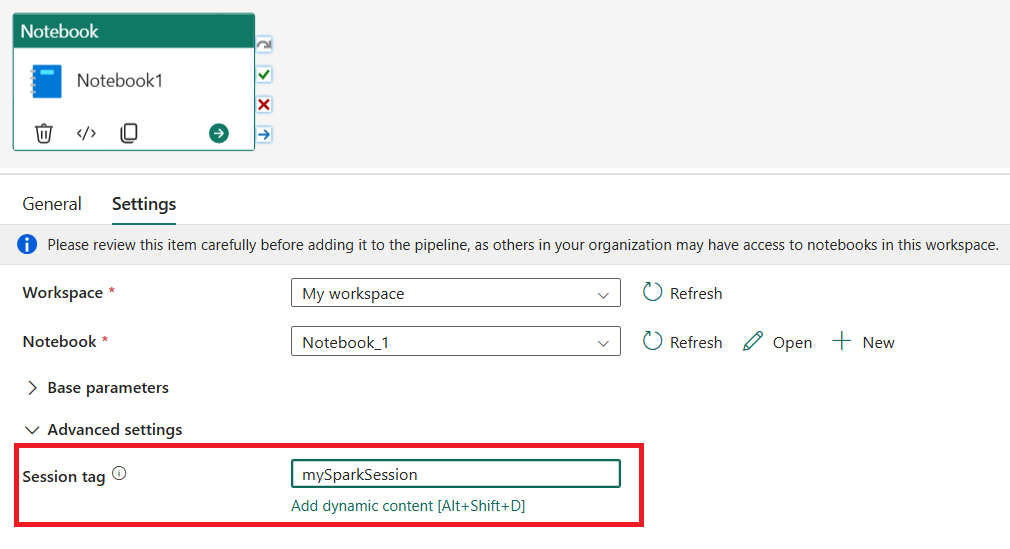 Screenshot showing the Notebook settings tab highlighting the tab, where to add session tag.