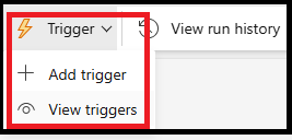 Screenshot showing the Trigger button on the Home ribbon of the pipeline canvas editor window.