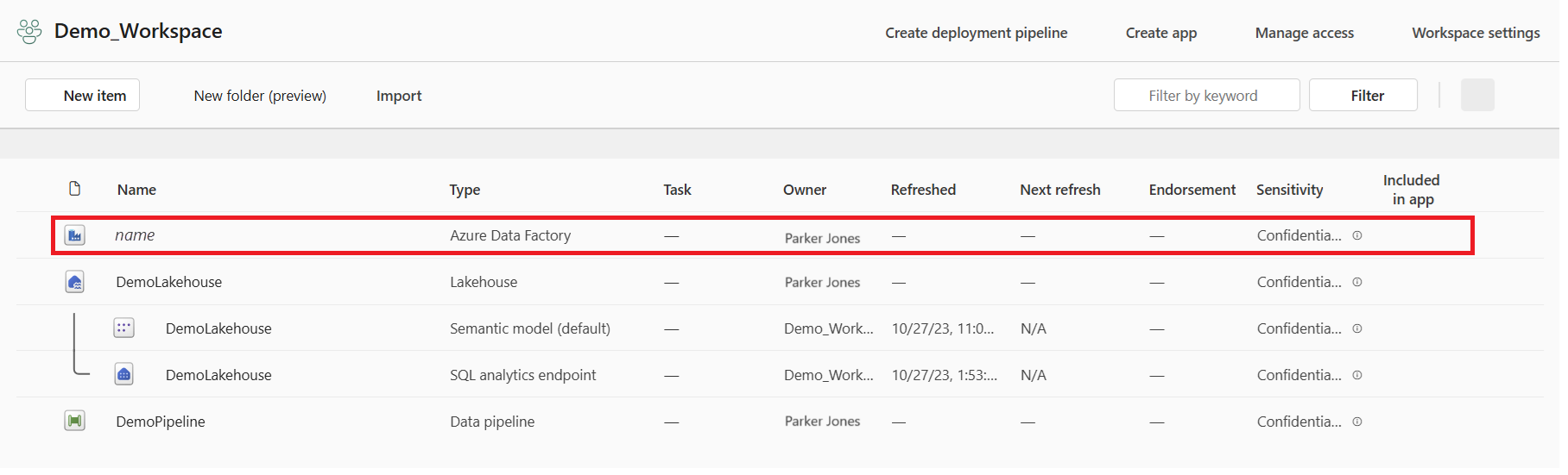 Screenshot with the Azure data factory in fabric workspace.