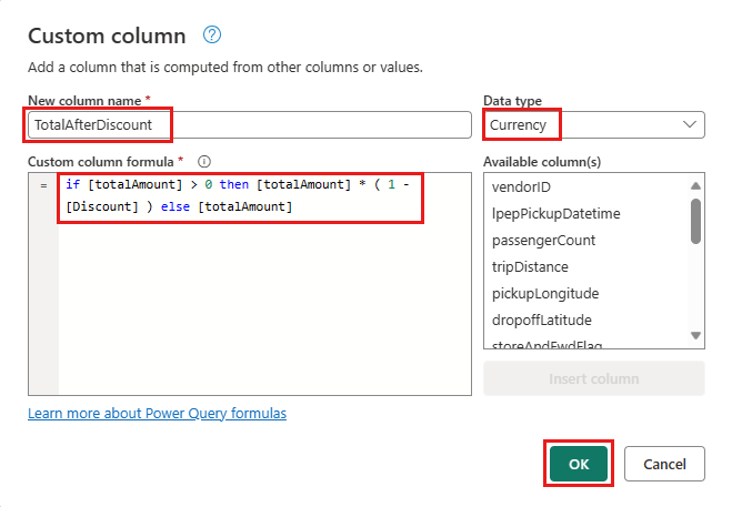Screenshot showing the Custom column configuration screen with the New column name, Data type, and Custom column formula highlighted.