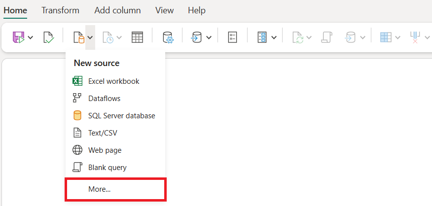 Screenshot showing the Dataflow menu with Get data button highlighted and the More... option highlighted from its menu.