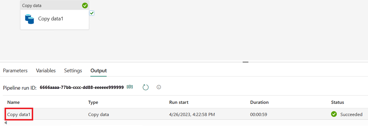 Screenshot showing the run details button in the pipeline Output tab.