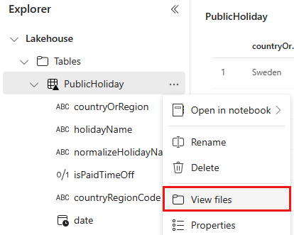 Screenshot showing file view in Lakehouse.