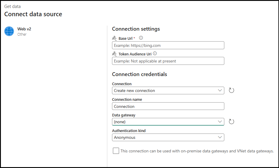 Screenshot showing the new connection dialog for the Web activity.