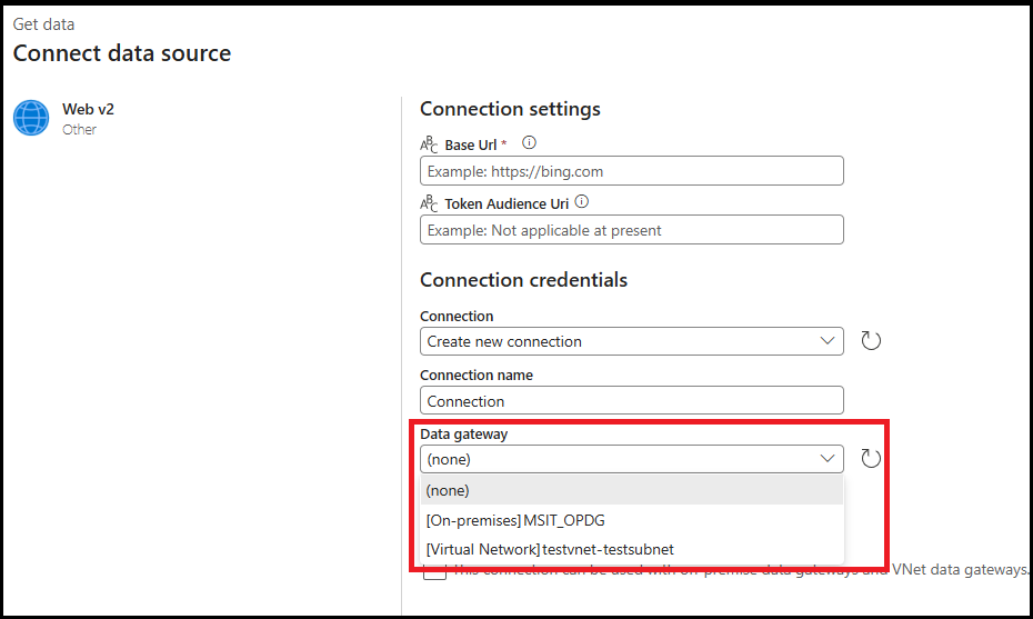 Screenshot showing the data gateway connection dialog for the WebHook activity.