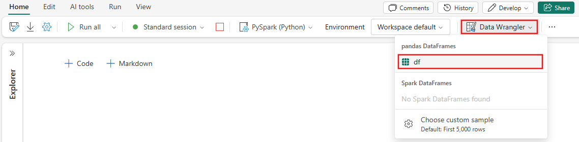 Screenshot shows how to launch the data wrangler from a notebook.