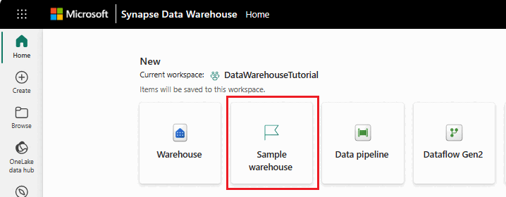 Screenshot showing the Warehouse sample card in the Home hub.