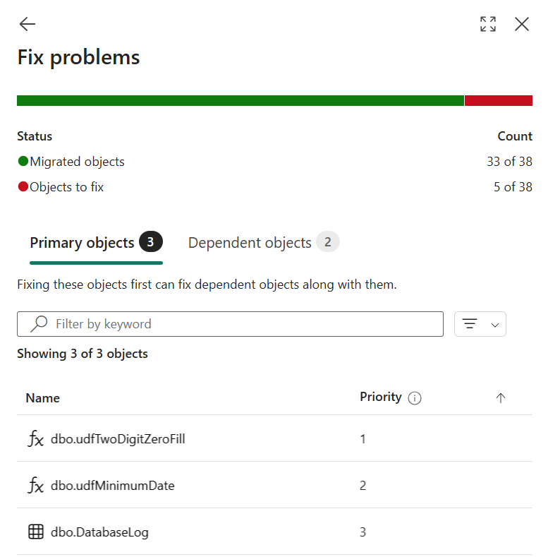 Screenshot from the Fabric portal of the Migration Assistant's Fix Problems list.