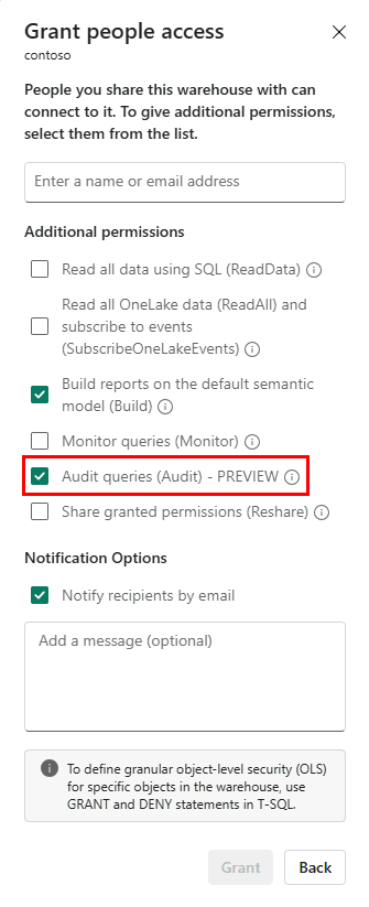 Screenshot showing where to select Audit Permission PREVIEW on the item Share menu.