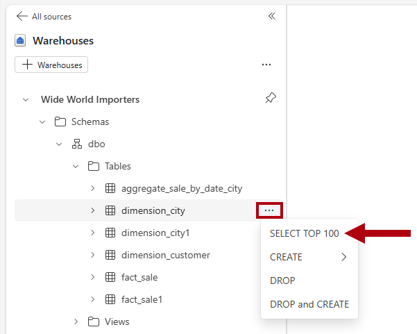 Screenshot of Explorer pane, highlighting the selection of the SELECT TOP 100 option.