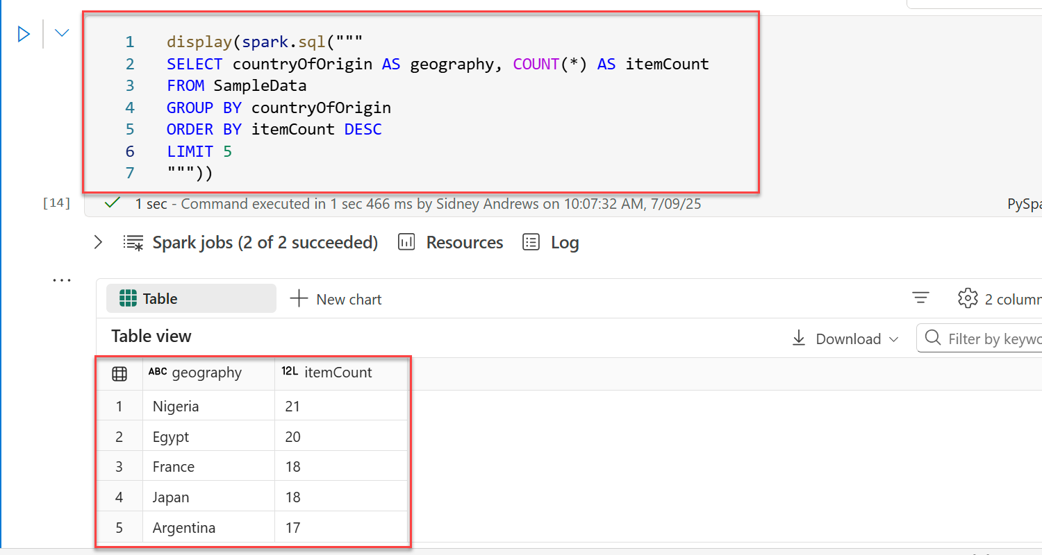 Screenshot of the notebook interface with a single cell and query results in tabular format.