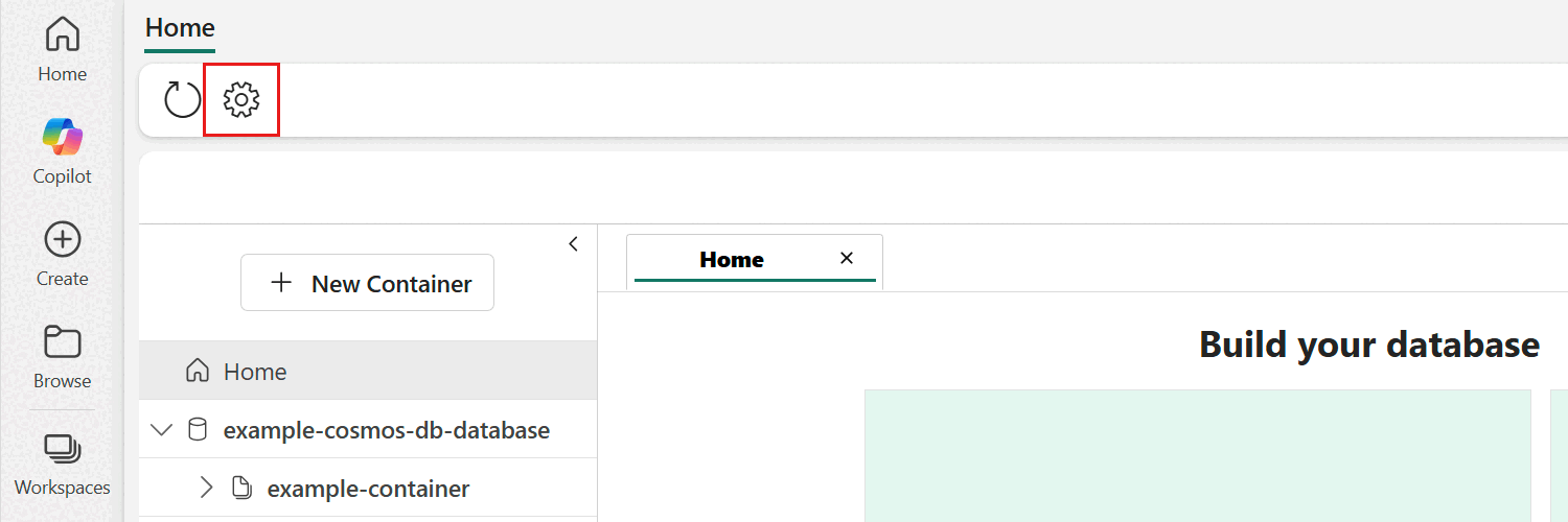 Screenshot of the 'Settings' menu bar option for a database in the Fabric portal.