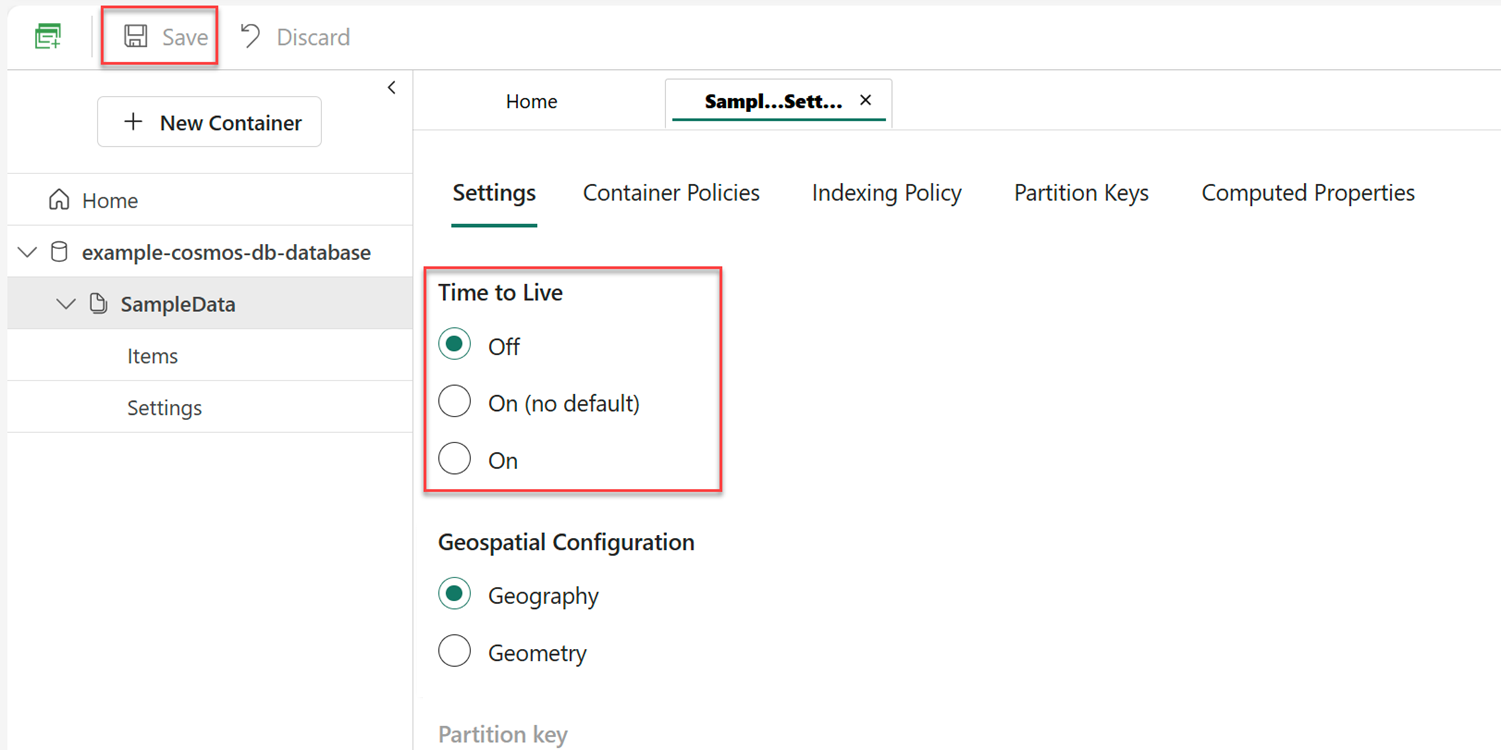 Screenshot of the 'Settings' section for a container within a database in the Fabric portal.