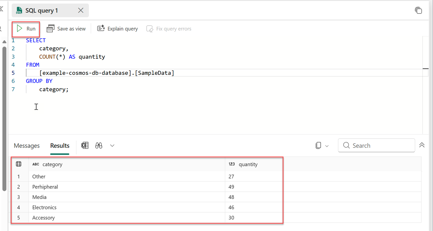 Screenshot of a Transact SQL (T-SQL) query using the query editor in the SQL analytics endpoint.